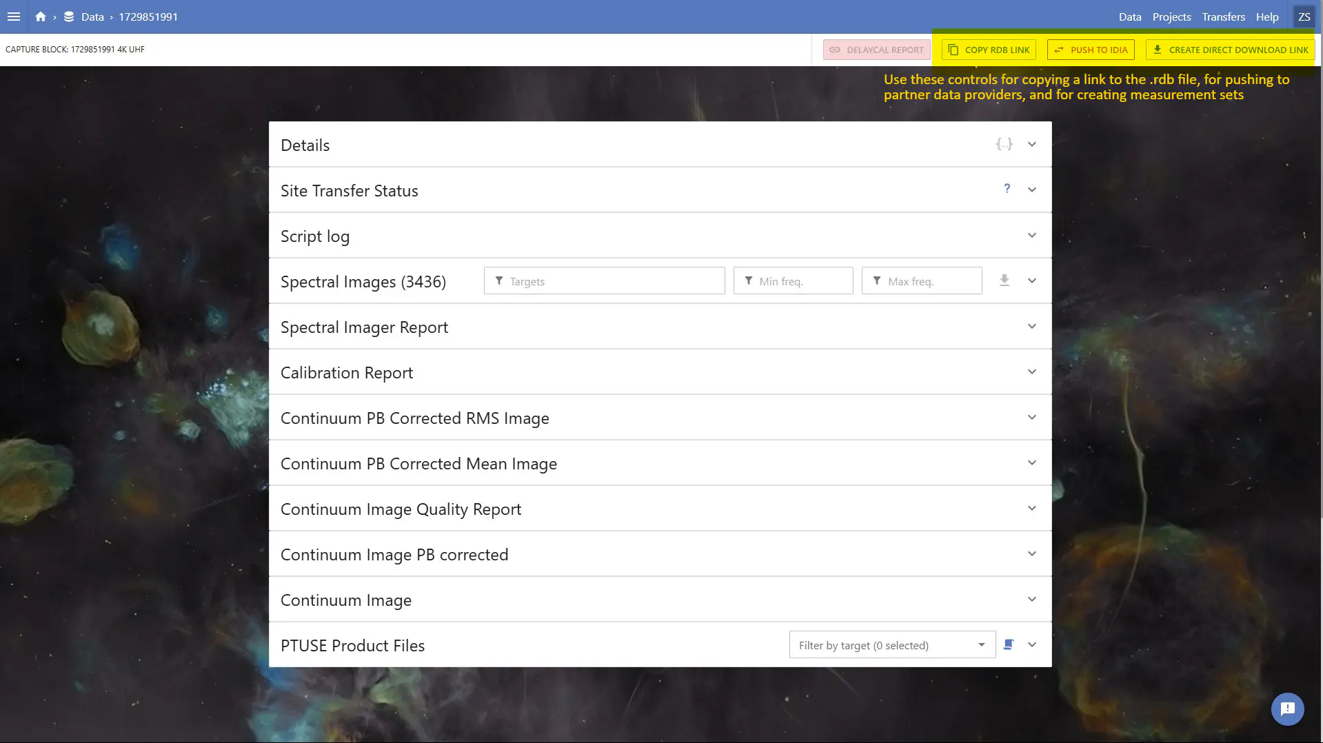 SARAO Archive interface showing RDB link